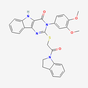 molecular formula C28H24N4O4S B2436656 3-(3,4-dimethoxyphenyl)-2-((2-(indolin-1-yl)-2-oxoethyl)thio)-3H-pyrimido[5,4-b]indol-4(5H)-one CAS No. 888437-62-5