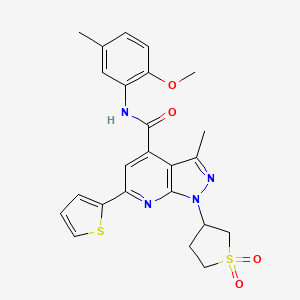 molecular formula C24H24N4O4S2 B2436686 1-(1,1-dioxidotetrahydrothiophen-3-yl)-N-(2-methoxy-5-methylphenyl)-3-methyl-6-(thiophen-2-yl)-1H-pyrazolo[3,4-b]pyridine-4-carboxamide CAS No. 1021215-53-1