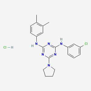 molecular formula C21H24Cl2N6 B2436760 N2-(3-chlorophenyl)-N4-(3,4-dimethylphenyl)-6-(pyrrolidin-1-yl)-1,3,5-triazine-2,4-diamine hydrochloride CAS No. 1179402-47-1