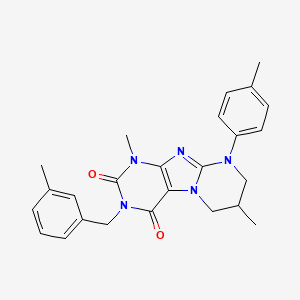 molecular formula C25H27N5O2 B2436814 1,7-diméthyl-3-(3-méthylbenzyl)-9-(p-tolyl)-6,7,8,9-tétrahydropyrimido[2,1-f]purine-2,4(1H,3H)-dione CAS No. 846600-53-1