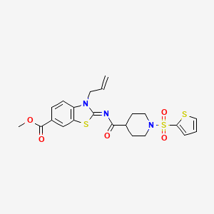 molecular formula C22H23N3O5S3 B2436875 (E)-methyl 3-allyl-2-((1-(thiophen-2-ylsulfonyl)piperidine-4-carbonyl)imino)-2,3-dihydrobenzo[d]thiazole-6-carboxylate CAS No. 941946-75-4