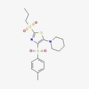 molecular formula C18H24N2O4S3 B2436893 5-(Piperidin-1-yl)-2-(propylsulfonyl)-4-tosylthiazole CAS No. 863450-72-0