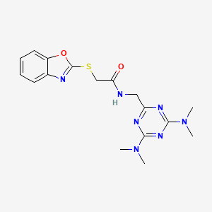 molecular formula C17H21N7O2S B2436920 2-(苯并[d]恶唑-2-基硫)-N-((4,6-双(二甲氨基)-1,3,5-三嗪-2-基)甲基)乙酰胺 CAS No. 2034405-73-5