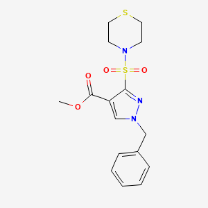 molecular formula C16H19N3O4S2 B2436947 1-苄基-3-(硫代吗啉磺酰基)-1H-吡唑-4-羧酸甲酯 CAS No. 1251688-36-4