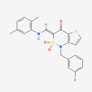 molecular formula C22H19FN2O3S2 B2436994 (Z)-3-(((2,5-dimethylphenyl)amino)methylene)-1-(3-fluorobenzyl)-1H-thieno[3,2-c][1,2]thiazin-4(3H)-one 2,2-dioxide CAS No. 894686-30-7