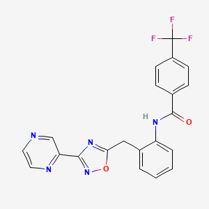 molecular formula C21H14F3N5O2 B2437073 N-(2-((3-(pyrazin-2-yl)-1,2,4-oxadiazol-5-yl)methyl)phenyl)-4-(trifluoromethyl)benzamide CAS No. 2034547-84-5