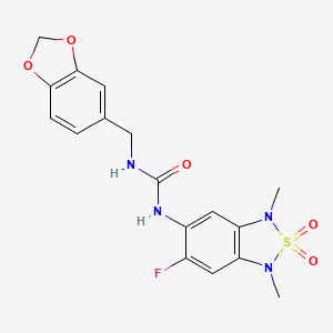 molecular formula C17H17FN4O5S B2437086 1-(Benzo[d][1,3]dioxol-5-ylmethyl)-3-(6-fluoro-1,3-dimethyl-2,2-dioxido-1,3-dihydrobenzo[c][1,2,5]thiadiazol-5-yl)urea CAS No. 2034404-54-9