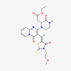 molecular formula C23H25N5O6S2 B2437148 (Z)-ethyl 2-(1-(3-((3-(2-methoxyethyl)-4-oxo-2-thioxothiazolidin-5-ylidene)methyl)-4-oxo-4H-pyrido[1,2-a]pyrimidin-2-yl)-3-oxopiperazin-2-yl)acetate CAS No. 610754-90-0