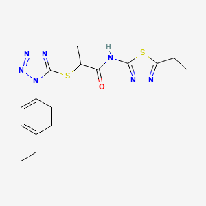 molecular formula C16H19N7OS2 B2437200 2-{[1-(4-ethylphenyl)-1H-tetrazol-5-yl]sulfanyl}-N-(5-ethyl-1,3,4-thiadiazol-2-yl)propanamide CAS No. 887347-70-8