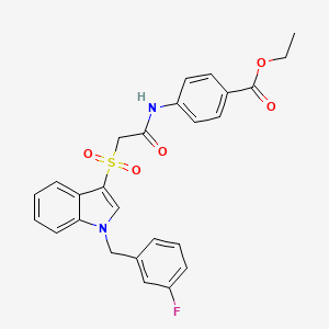 molecular formula C26H23FN2O5S B2437253 4-[[2-[1-[(3-氟苯基)甲基]吲哚-3-基]磺酰基乙酰]氨基]苯甲酸乙酯 CAS No. 686743-90-8