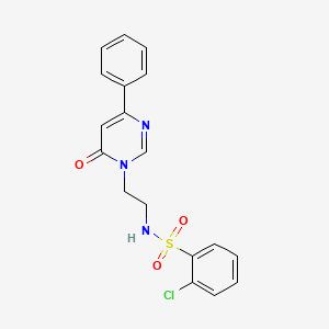 molecular formula C18H16ClN3O3S B2437267 2-chloro-N-(2-(6-oxo-4-phenylpyrimidin-1(6H)-yl)ethyl)benzenesulfonamide CAS No. 1334370-15-8