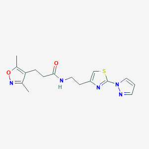 molecular formula C16H19N5O2S B2437303 N-(2-(2-(1H-pyrazol-1-yl)thiazol-4-yl)ethyl)-3-(3,5-dimethylisoxazol-4-yl)propanamide CAS No. 1428350-58-6