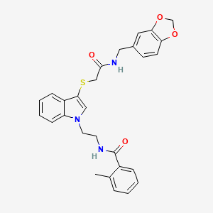 molecular formula C28H27N3O4S B2437328 N-(2-(3-((2-((苯并[d][1,3]二氧杂环-5-基甲基)氨基)-2-氧代乙基)硫代)-1H-吲哚-1-基)乙基)-2-甲基苯甲酰胺 CAS No. 851412-97-0
