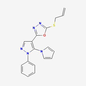 molecular formula C18H15N5OS B2437337 2-(allylsulfanyl)-5-[1-phenyl-5-(1H-pyrrol-1-yl)-1H-pyrazol-4-yl]-1,3,4-oxadiazole CAS No. 956625-30-2