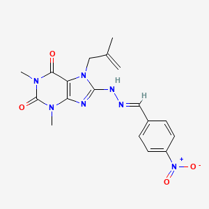 molecular formula C18H19N7O4 B2437418 (E)-1,3-二甲基-7-(2-甲基烯丙基)-8-(2-(4-硝基亚苄基)肼基)-1H-嘌呤-2,6(3H,7H)-二酮 CAS No. 398997-33-6