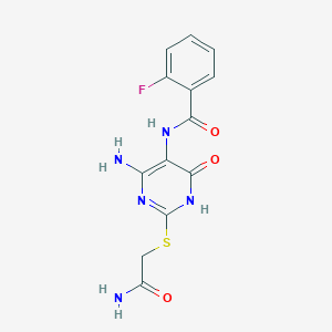 molecular formula C13H12FN5O3S B2437527 N-(4-amino-2-((2-amino-2-oxoethyl)thio)-6-oxo-1,6-dihydropyrimidin-5-yl)-2-fluorobenzamide CAS No. 888422-41-1