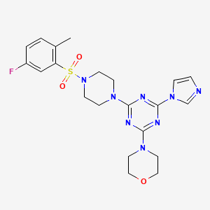 molecular formula C21H25FN8O3S B2437587 4-(4-(4-((5-fluoro-2-methylphenyl)sulfonyl)piperazin-1-yl)-6-(1H-imidazol-1-yl)-1,3,5-triazin-2-yl)morpholine CAS No. 1203059-86-2