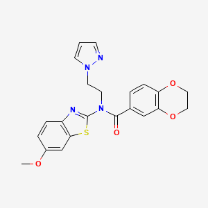 molecular formula C22H20N4O4S B2437591 N-(2-(1H-pyrazol-1-yl)ethyl)-N-(6-methoxybenzo[d]thiazol-2-yl)-2,3-dihydrobenzo[b][1,4]dioxine-6-carboxamide CAS No. 1172370-54-5