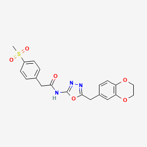 molecular formula C20H19N3O6S B2437629 N-(5-((2,3-dihydrobenzo[b][1,4]dioxin-6-yl)methyl)-1,3,4-oxadiazol-2-yl)-2-(4-(methylsulfonyl)phenyl)acetamide CAS No. 922048-62-2