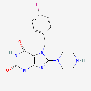 molecular formula C17H19FN6O2 B2437630 7-(4-fluorobenzyl)-3-methyl-8-(piperazin-1-yl)-1H-purine-2,6(3H,7H)-dione CAS No. 878441-34-0