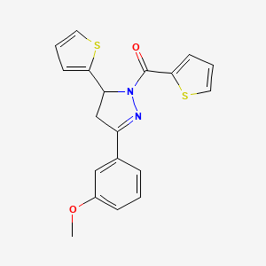 molecular formula C19H16N2O2S2 B2437734 (3-(3-methoxyphenyl)-5-(thiophen-2-yl)-4,5-dihydro-1H-pyrazol-1-yl)(thiophen-2-yl)methanone CAS No. 702649-86-3