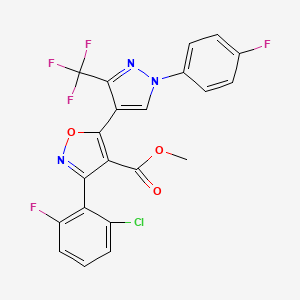molecular formula C21H11ClF5N3O3 B2437737 methyl 3-(2-chloro-6-fluorophenyl)-5-[1-(4-fluorophenyl)-3-(trifluoromethyl)-1H-pyrazol-4-yl]-1,2-oxazole-4-carboxylate CAS No. 318949-21-2