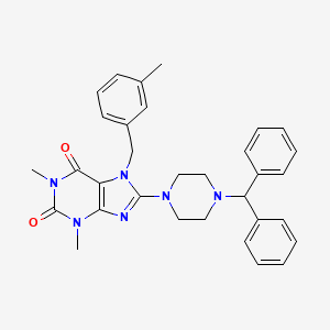 molecular formula C32H34N6O2 B2437752 8-(4-Benzhydrylpiperazin-1-yl)-1,3-dimethyl-7-[(3-methylphenyl)methyl]purine-2,6-dione CAS No. 674356-21-9