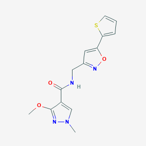 molecular formula C14H14N4O3S B2437758 3-methoxy-1-methyl-N-((5-(thiophen-2-yl)isoxazol-3-yl)methyl)-1H-pyrazole-4-carboxamide CAS No. 1207014-25-2