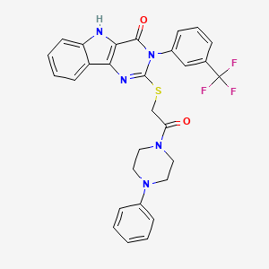 molecular formula C29H24F3N5O2S B2437783 2-[2-oxo-2-(4-phenylpiperazin-1-yl)ethyl]sulfanyl-3-[3-(trifluoromethyl)phenyl]-5H-pyrimido[5,4-b]indol-4-one CAS No. 536715-73-8