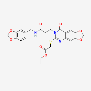 molecular formula C24H23N3O8S B2437871 2-[[7-[3-(1,3-苯并二氧杂环-5-基甲基氨基)-3-氧代丙基]-8-氧代-[1,3]二氧杂环[4,5-g]喹唑啉-6-基]硫代]乙酸乙酯 CAS No. 688059-48-5