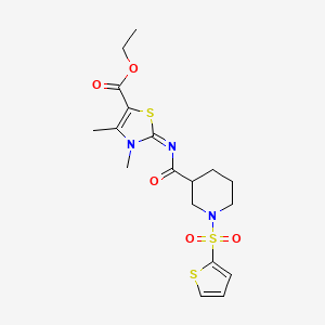 molecular formula C18H23N3O5S3 B2437881 (Z)-乙基 3,4-二甲基-2-((1-(噻吩-2-磺酰基)哌啶-3-羰基)亚氨基)-2,3-二氢噻唑-5-羧酸酯 CAS No. 1005727-89-8