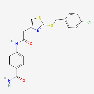 molecular formula C19H16ClN3O2S2 B2437983 4-(2-(2-((4-Chlorobenzyl)thio)thiazol-4-yl)acetamido)benzamide CAS No. 954014-34-7