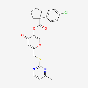 6-(((4-methylpyrimidin-2-yl)thio)methyl)-4-oxo-4H-pyran-3-yl 1-(4-chlorophenyl)cyclopentanecarboxylate