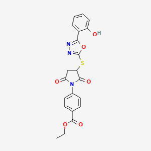 molecular formula C21H17N3O6S B2438088 Ethyl 4-(3-((5-(2-hydroxyphenyl)-1,3,4-oxadiazol-2-yl)thio)-2,5-dioxopyrrolidin-1-yl)benzoate CAS No. 710987-50-1