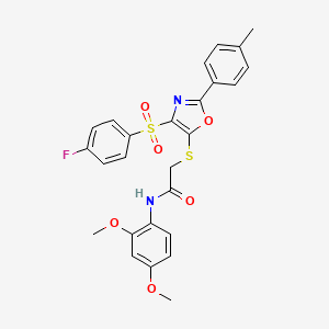 molecular formula C26H23FN2O6S2 B2438103 N-(2,4-dimethoxyphenyl)-2-((4-((4-fluorophenyl)sulfonyl)-2-(p-tolyl)oxazol-5-yl)thio)acetamide CAS No. 850926-64-6