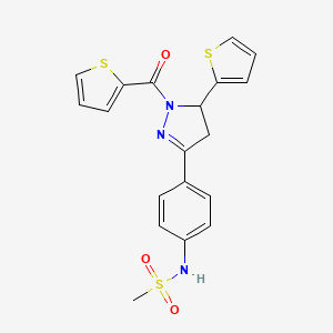 molecular formula C19H17N3O3S3 B2438106 N-[4-[2-(thiophene-2-carbonyl)-3-thiophen-2-yl-3,4-dihydropyrazol-5-yl]phenyl]methanesulfonamide CAS No. 836664-87-0