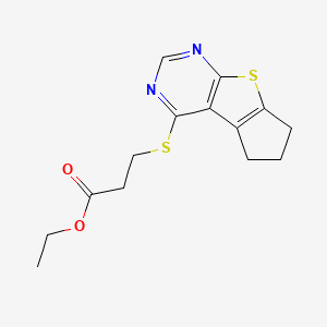 molecular formula C14H16N2O2S2 B2438170 ethyl 3-((6,7-dihydro-5H-cyclopenta[4,5]thieno[2,3-d]pyrimidin-4-yl)thio)propanoate CAS No. 304684-53-5