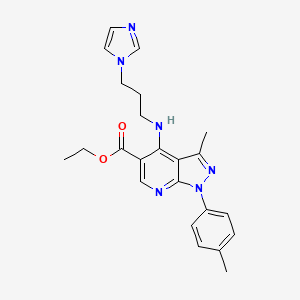 molecular formula C23H26N6O2 B2438177 ethyl 4-{[3-(1H-imidazol-1-yl)propyl]amino}-3-methyl-1-(4-methylphenyl)-1H-pyrazolo[3,4-b]pyridine-5-carboxylate CAS No. 866040-26-8