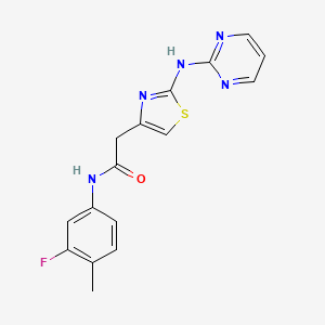 molecular formula C16H14FN5OS B2438198 N-(3-氟-4-甲基苯基)-2-(2-(嘧啶-2-基氨基)噻唑-4-基)乙酰胺 CAS No. 1226438-15-8