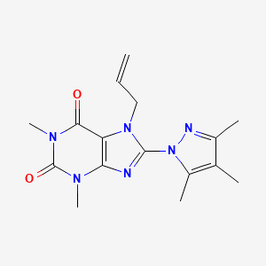 molecular formula C16H20N6O2 B2438258 1,3-二甲基-7-(丙-2-烯-1-基)-8-(3,4,5-三甲基-1H-吡唑-1-基)-2,3,6,7-四氢-1H-嘌呤-2,6-二酮 CAS No. 1014031-77-6