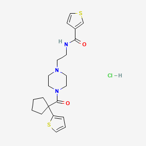 molecular formula C21H28ClN3O2S2 B2438337 N-(2-(4-(1-(thiophen-2-yl)cyclopentanecarbonyl)piperazin-1-yl)ethyl)thiophene-3-carboxamide hydrochloride CAS No. 1351623-32-9