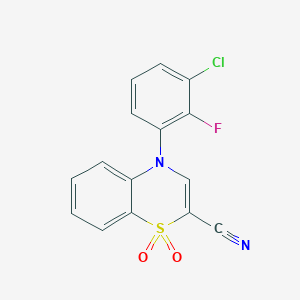 molecular formula C15H8ClFN2O2S B2438340 4-(3-氯-2-氟苯基)-4H-苯并[b][1,4]噻嗪-2-腈 1,1-二氧化物 CAS No. 1207023-28-6