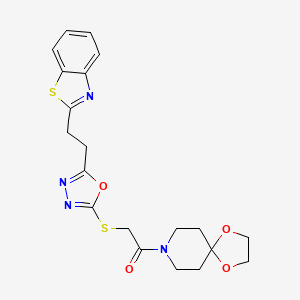 molecular formula C20H22N4O4S2 B2438367 2-((5-(2-(Benzo[d]thiazol-2-yl)ethyl)-1,3,4-oxadiazol-2-yl)thio)-1-(1,4-dioxa-8-azaspiro[4.5]decan-8-yl)ethanone CAS No. 1251565-94-2