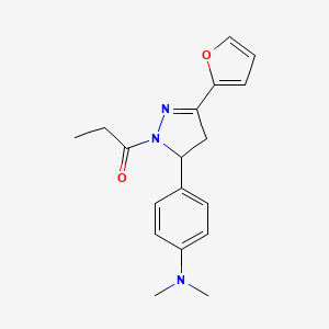 molecular formula C18H21N3O2 B2438414 1-(5-(4-(dimethylamino)phenyl)-3-(furan-2-yl)-4,5-dihydro-1H-pyrazol-1-yl)propan-1-one CAS No. 1252528-06-5