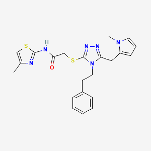 molecular formula C22H24N6OS2 B2438468 2-((5-((1-甲基-1H-吡咯-2-基)甲基)-4-苯乙基-4H-1,2,4-三唑-3-基)硫代)-N-(4-甲基噻唑-2-基)乙酰胺 CAS No. 847390-92-5
