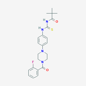 molecular formula C23H27FN4O2S B243848 N-(2,2-dimethylpropanoyl)-N'-{4-[4-(2-fluorobenzoyl)-1-piperazinyl]phenyl}thiourea 