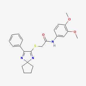 molecular formula C23H25N3O3S B2438494 N-(3,4-dimethoxyphenyl)-2-((3-phenyl-1,4-diazaspiro[4.4]nona-1,3-dien-2-yl)thio)acetamide CAS No. 899906-46-8