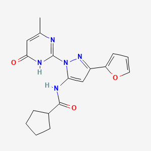 molecular formula C18H19N5O3 B2438532 N-(3-(furan-2-yl)-1-(4-methyl-6-oxo-1,6-dihydropyrimidin-2-yl)-1H-pyrazol-5-yl)cyclopentanecarboxamide CAS No. 1206996-09-9