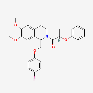 molecular formula C27H28FNO5 B2438587 1-(1-((4-fluorophenoxy)methyl)-6,7-dimethoxy-3,4-dihydroisoquinolin-2(1H)-yl)-2-phenoxypropan-1-one CAS No. 486426-45-3