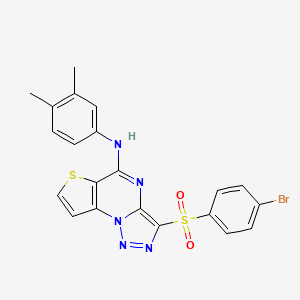 molecular formula C21H16BrN5O2S2 B2438639 3-((4-bromophenyl)sulfonyl)-N-(3,4-dimethylphenyl)thieno[2,3-e][1,2,3]triazolo[1,5-a]pyrimidin-5-amine CAS No. 892750-37-7